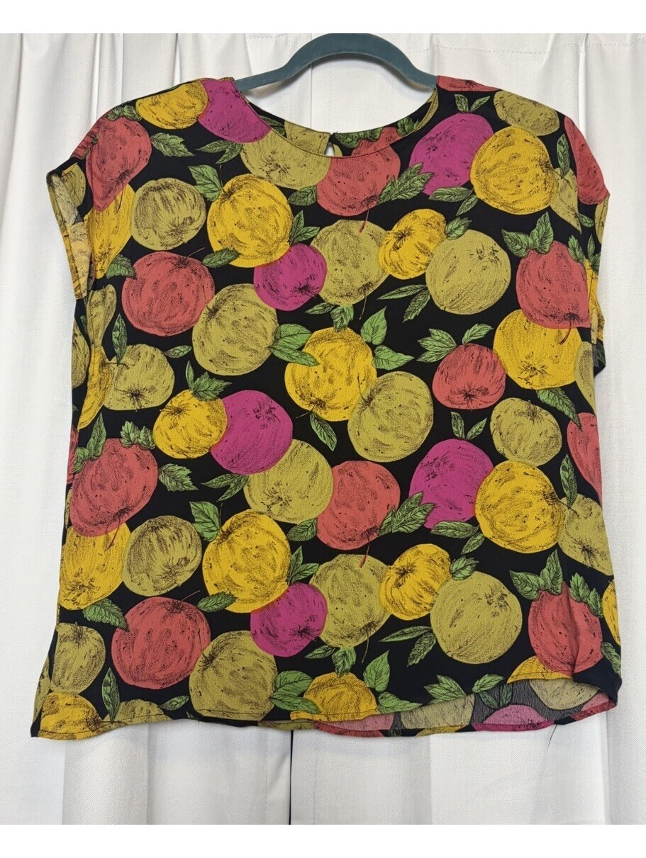 Nwt Vintage 80s Fruit Print Cap Sleeve Slinky Blouse. Size Large.